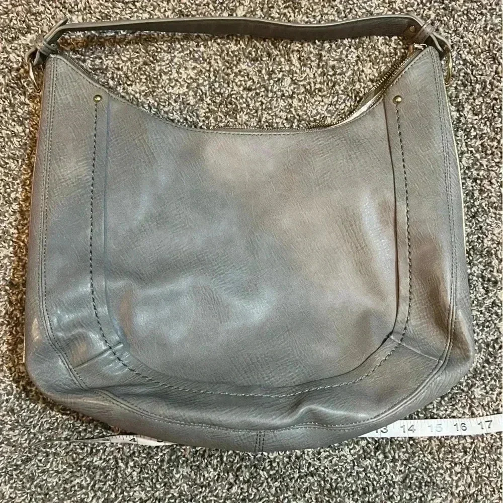 MMS HOBO VEAGAN LEATHER BAG TAUPE GRAY GOLD‎ HARDWARE ZIPPER CLOSURE MEDIUM SIZE